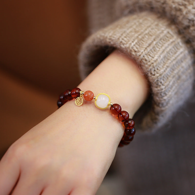 天然血珀南红单圈手串男女 和田玉路路通吊福牌手链