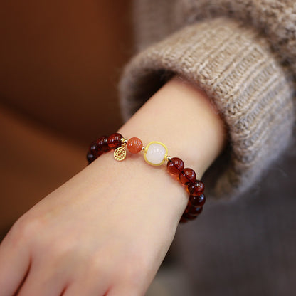 天然血珀南红单圈手串男女 和田玉路路通吊福牌手链