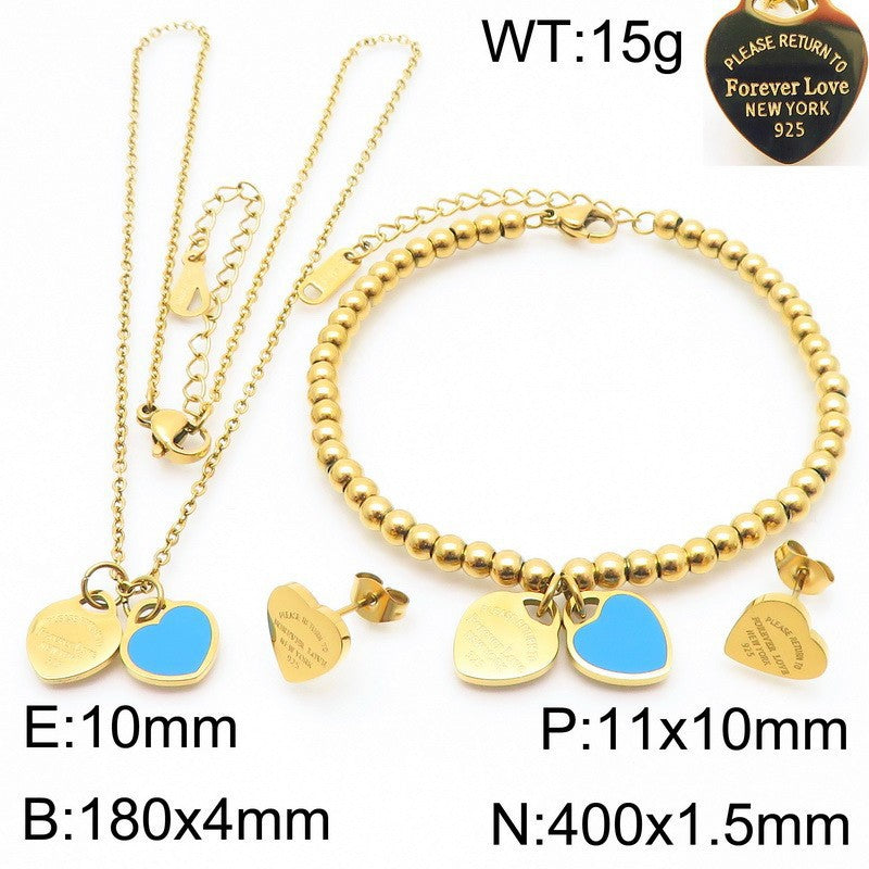 Gold Heart Charm Jewelry Set with Green Enamel Pendant