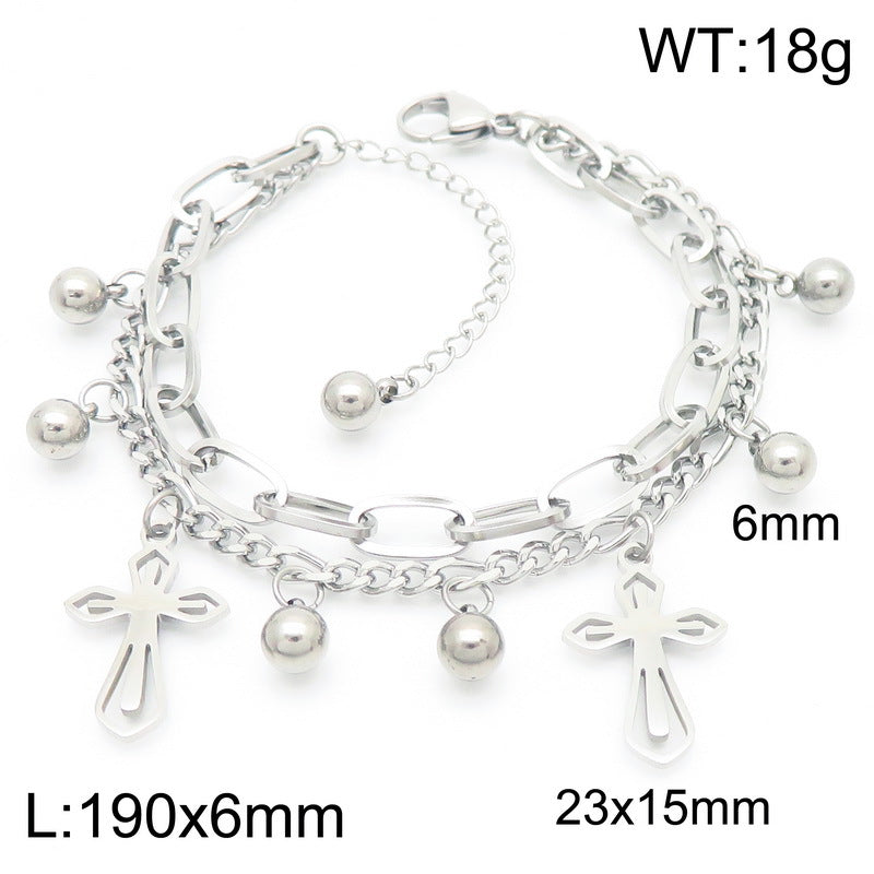 Simple and versatile ins wind double-layer stacked chain cross pendant stainless steel bracelet titanium steel jewelry