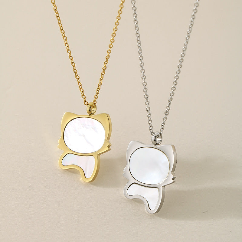 Daily childlike fun cute kitten feeling premium white fritillary pendant titanium steel necklace female niche design collarbone chain necklace