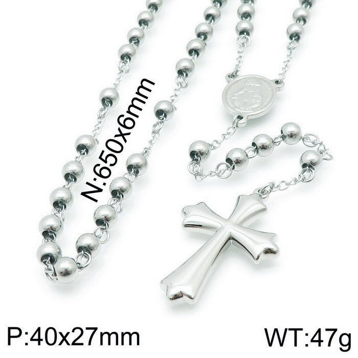 Cross-border European and American ins stainless steel niche design cross retro round bead necklace titanium steel collarbone chain necklace decoration women