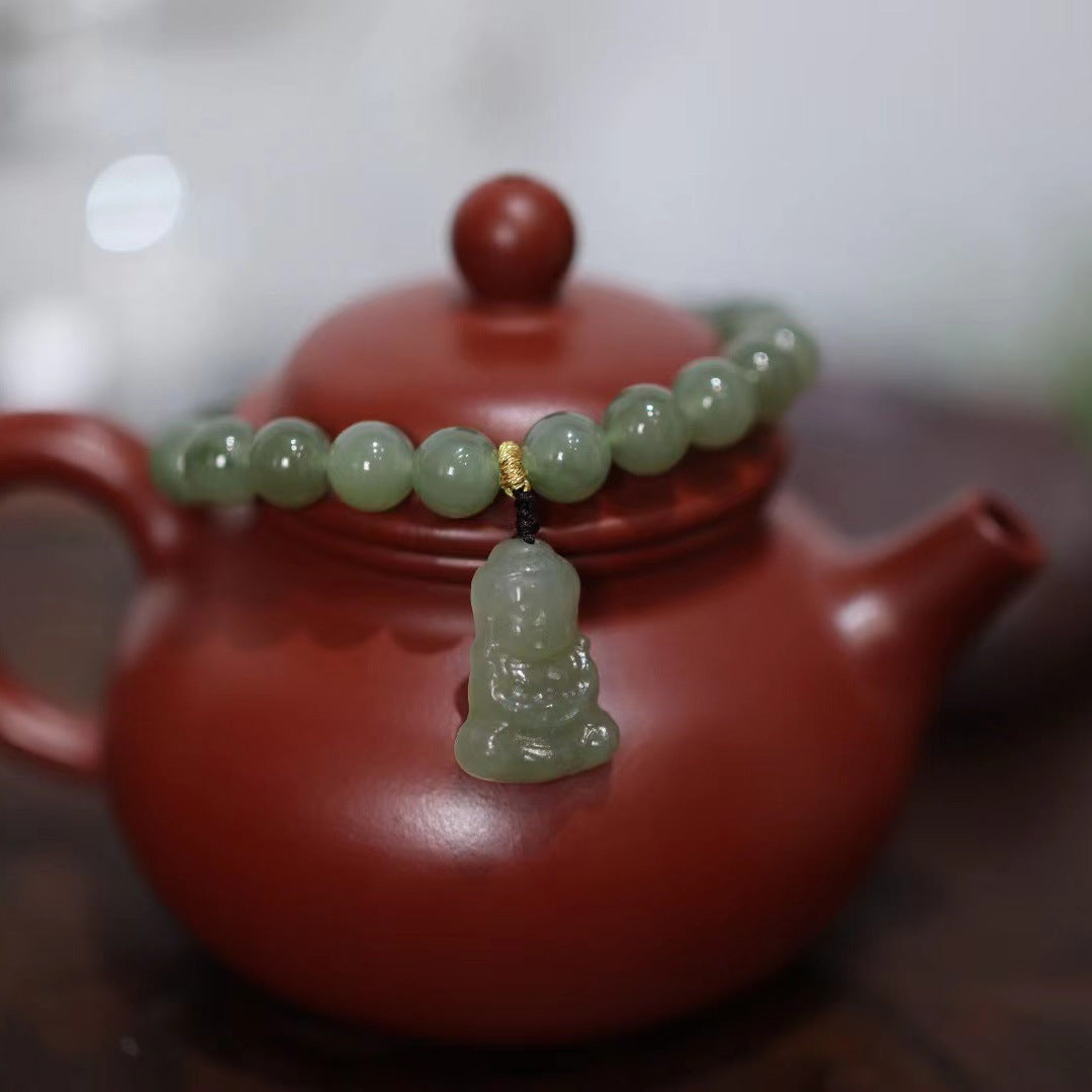 天然8MM和田玉圆珠单圈手链S925银镀金隔片两世欢手串