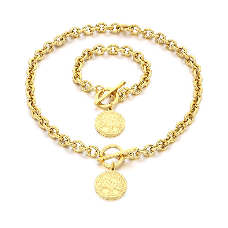 European and American fashion personalized retro portrait tree round brand stainless steel pendant chain high-end temperament set jewelry