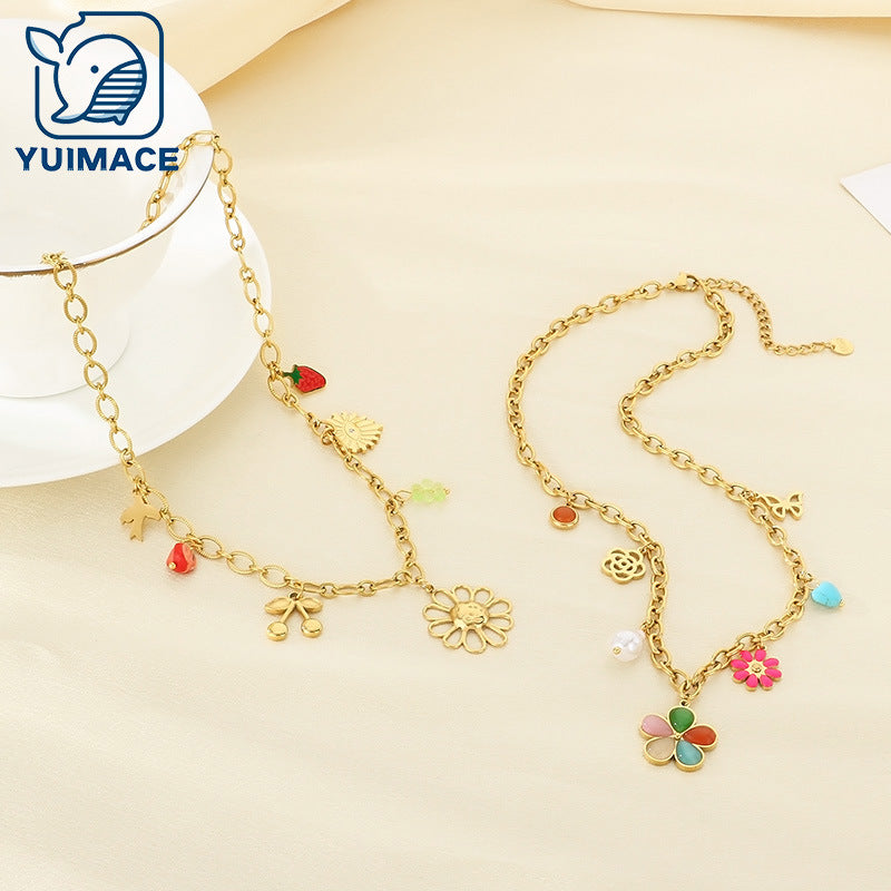 European and American cross-border jewelry sweet wind flower irregular necklace temperament small fresh fruit stainless steel collarbone chain women