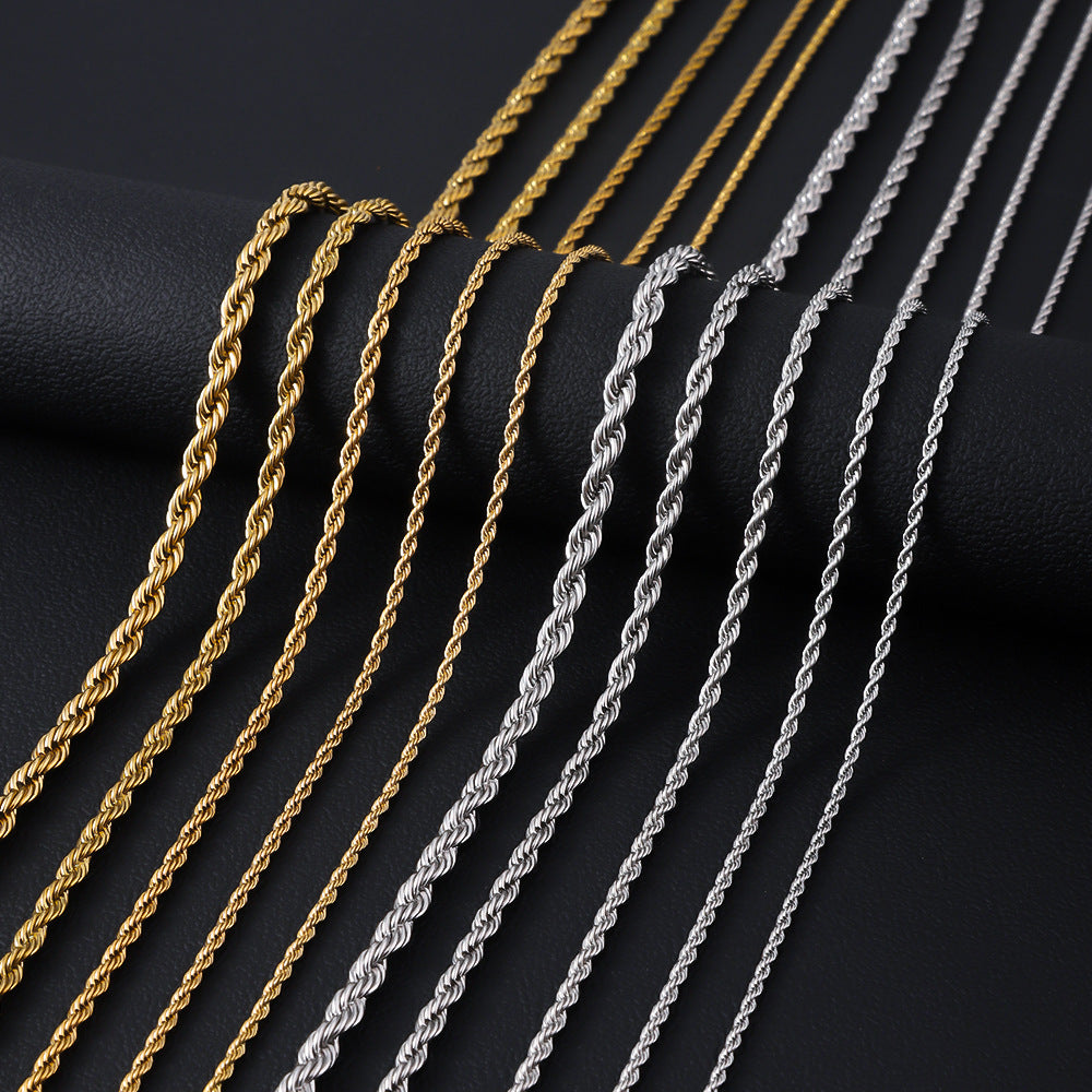 European and American cross-border hip-hop clavicle chain, vacuum color preservation, electroplating titanium steel gold twist chain, stainless steel twist necklace