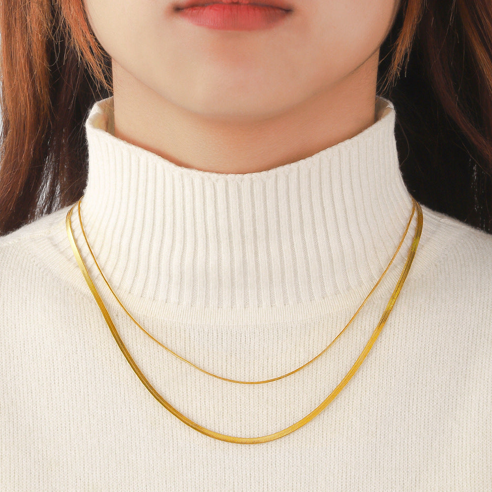 Cross-border hot-selling double-layer stacked blades plus round snake necklace plated with 18k gold titanium steel plain chain light luxury niche collarbone chain