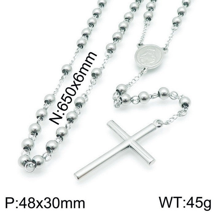 Cross-border European and American ins stainless steel niche design cross retro round bead necklace titanium steel collarbone chain necklace decoration women