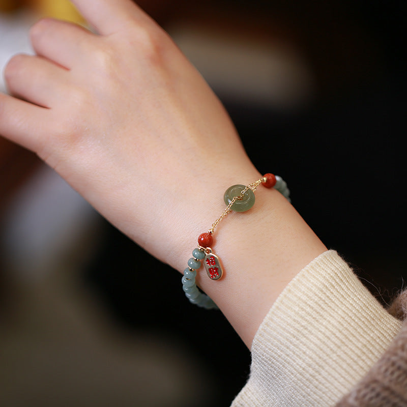 天然翡翠算盘珠福运手链女 和田玉平安扣搭南红玛瑙配饰