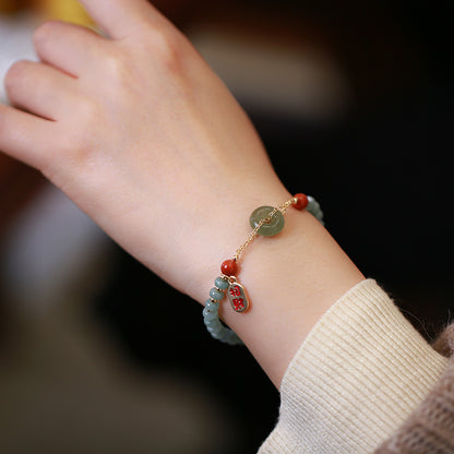 天然翡翠算盘珠福运手链女 和田玉平安扣搭南红玛瑙配饰