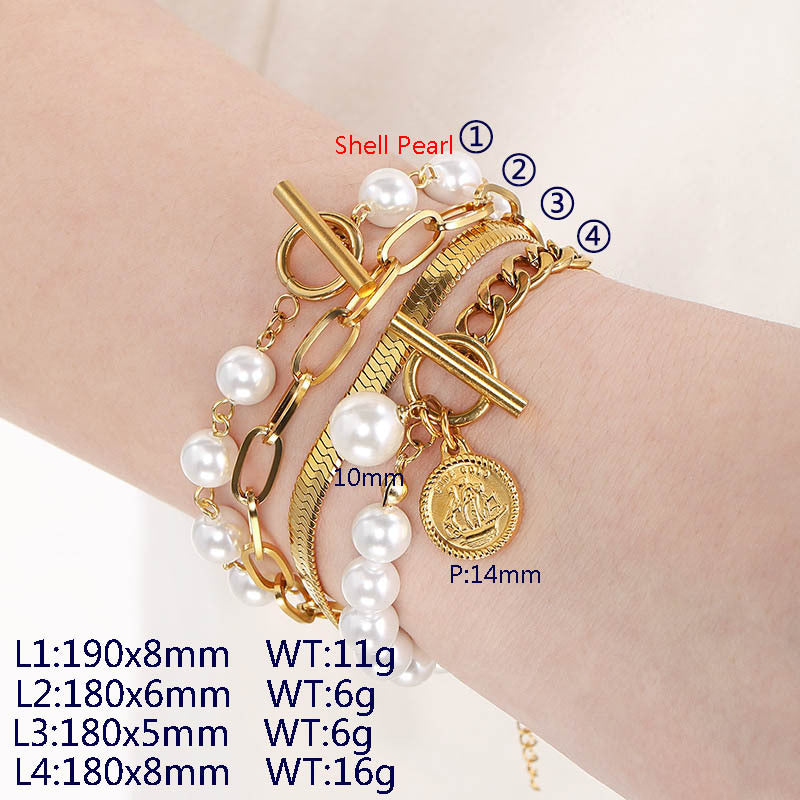 ins Pearl Beaded Flat Snake Chain Bracelet Stainless Steel Multi-layer Stacked Pearl Splicing Chain Premium Titanium Steel Jewelry