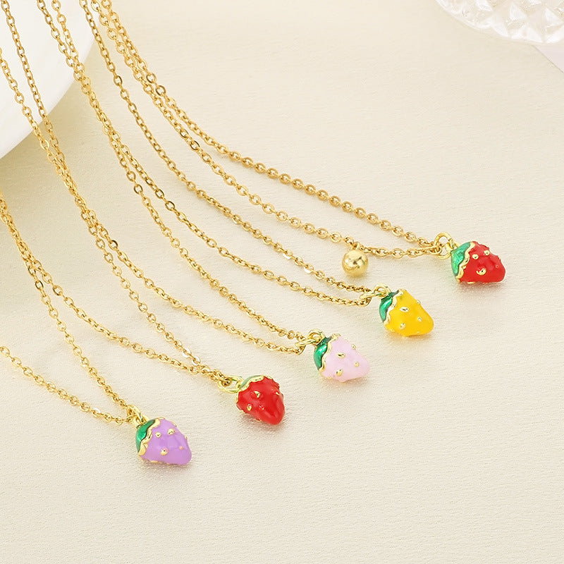 Mini Enamel Strawberry Charm Gold Necklace