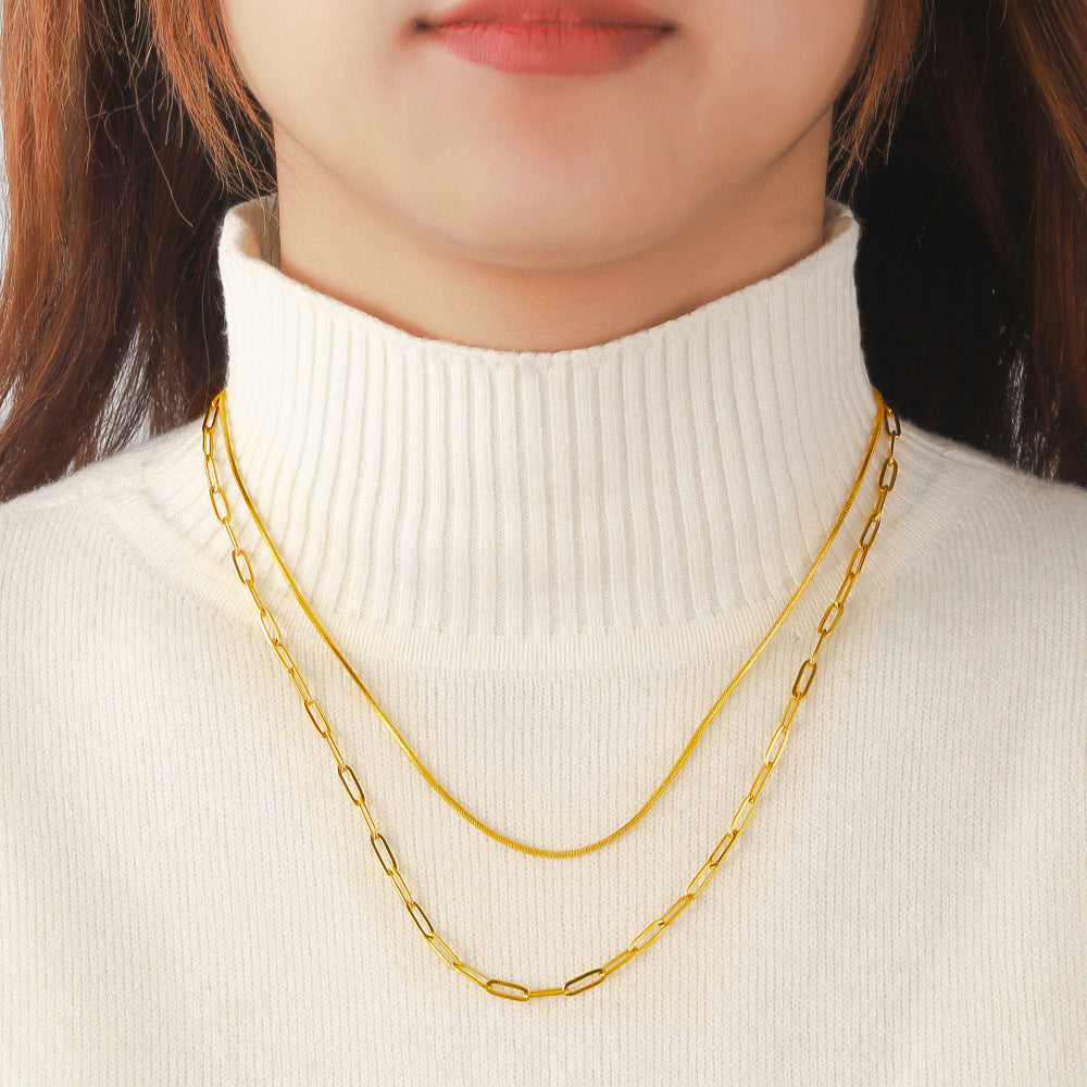 European and American cross-border stainless steel double-layer necklace square snake chain long cross chain 18K vacuum electroplated clavicle titanium steel necklace