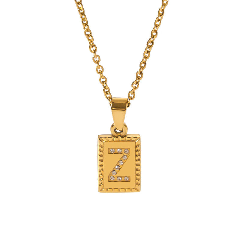 European and American cross-border high-end letter square pendant 18k gold inlaid zirconium letter pendant stainless steel necklace pendant female