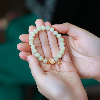 天然8MM和田玉圆珠单圈手链S925银镀金隔片两世欢手串