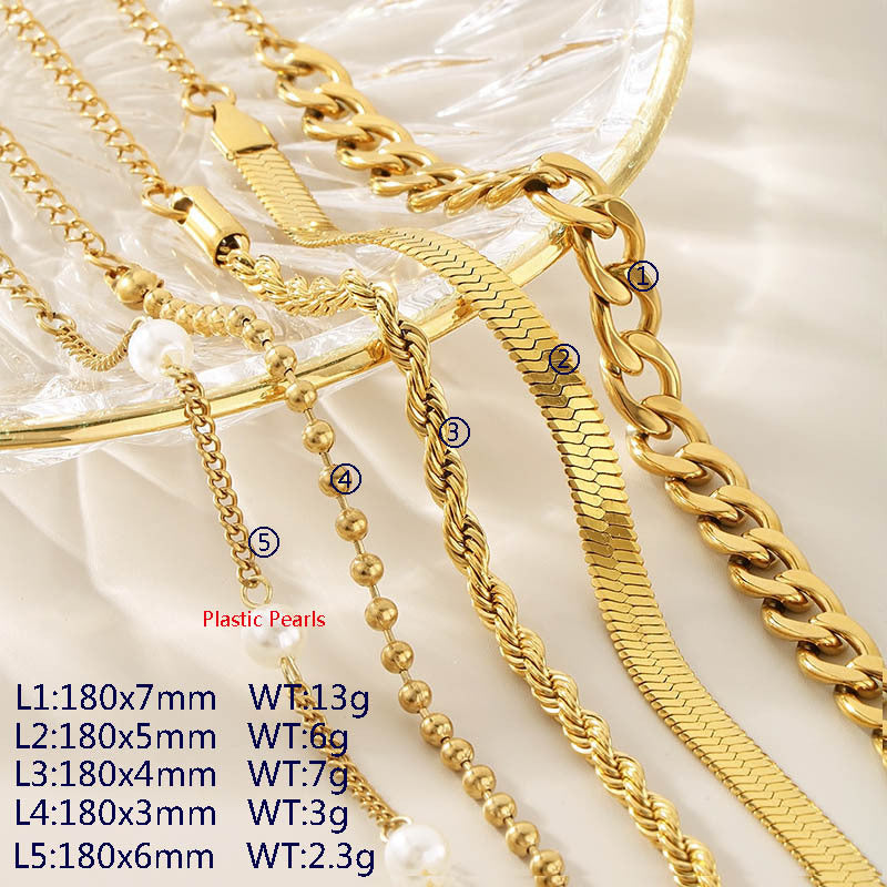 New creative and simple flat pearl flat snake twist chain round bead chain bracelet five-piece stacked bracelet jewelry