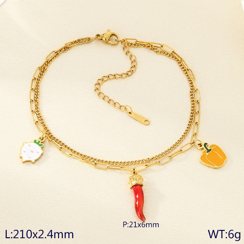 INS fresh and fashionable stainless steel double chain cartoon fruit pendant anklet titanium steel holiday jewelry foot decoration