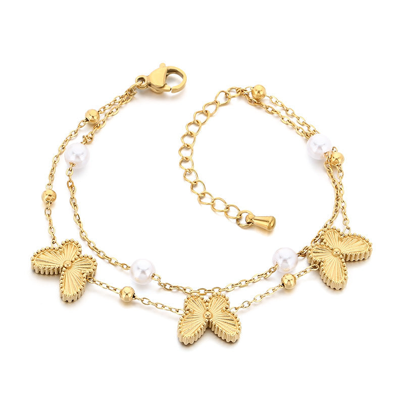 Gold Butterfly Pearl Chain Bracelet