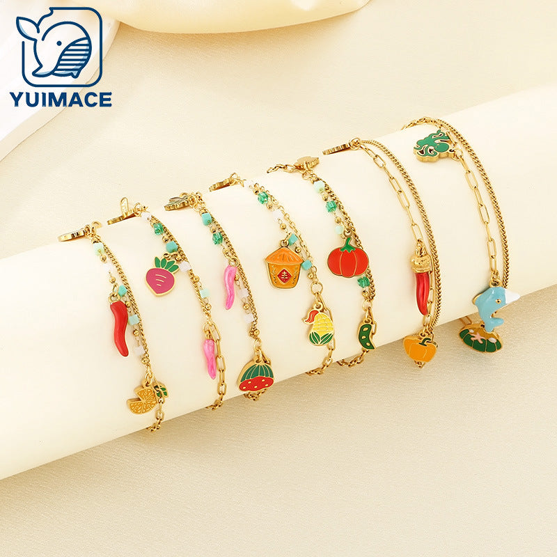 INS fresh and fashionable stainless steel double chain cartoon fruit pendant anklet titanium steel holiday jewelry foot decoration