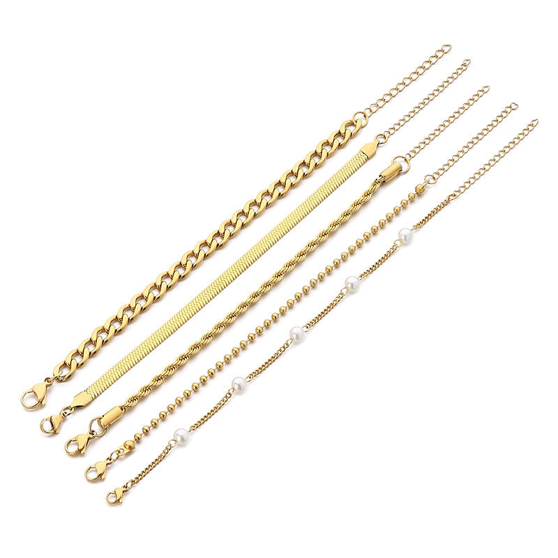 New creative and simple flat pearl flat snake twist chain round bead chain bracelet five-piece stacked bracelet jewelry