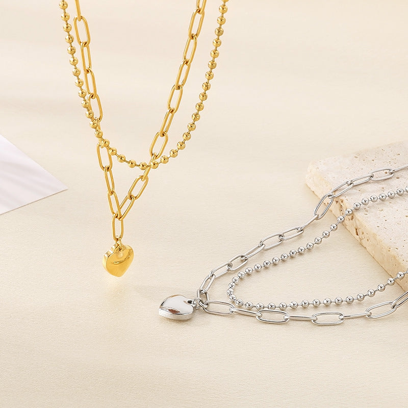 Cold wind personality double-layer stainless steel love necklace temperament versatile peach heart pearl stainless steel collarbone chain