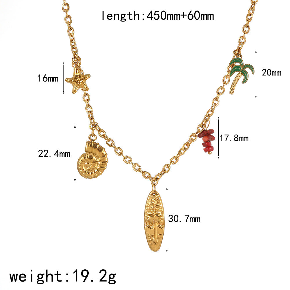 Cross-border European and American ocean starfish pendant, conch necklace, women's versatile light luxury stainless steel plated 18K gold-plated collarbone chain