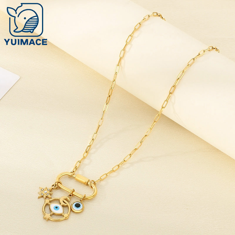 Creative Fashion Personality Stainless Steel Star Moon Element Devil's Eye Oil Drip Pendant Item Ornament Collarbone Chain Necklace Jewelry