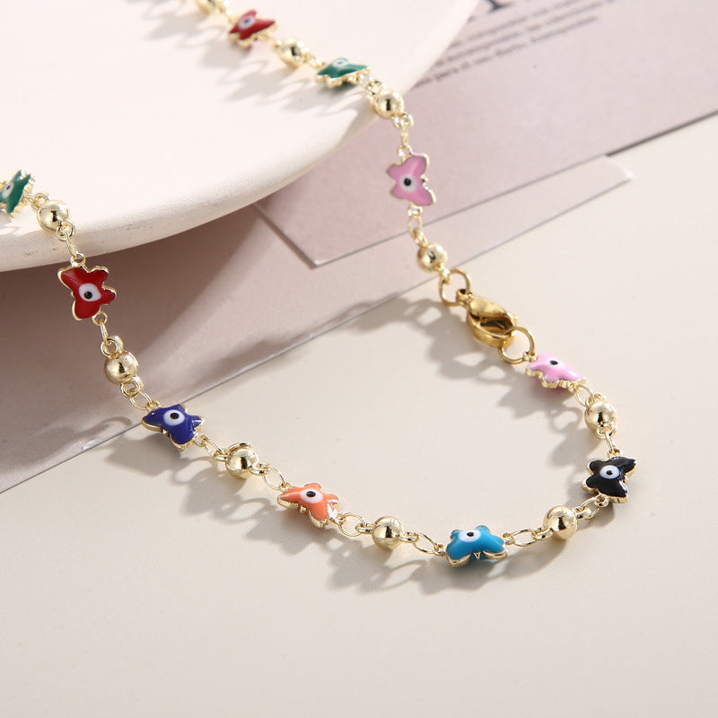 Creative Fashion ins Stainless Steel Butterfly Devil's Eye Necklace, Color Oil Drip Bead Copper Necklace Jewelry