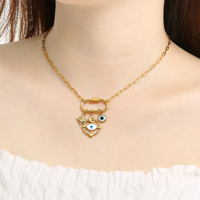 Creative Fashion Personality Stainless Steel Star Moon Element Devil's Eye Oil Drip Pendant Item Ornament Collarbone Chain Necklace Jewelry