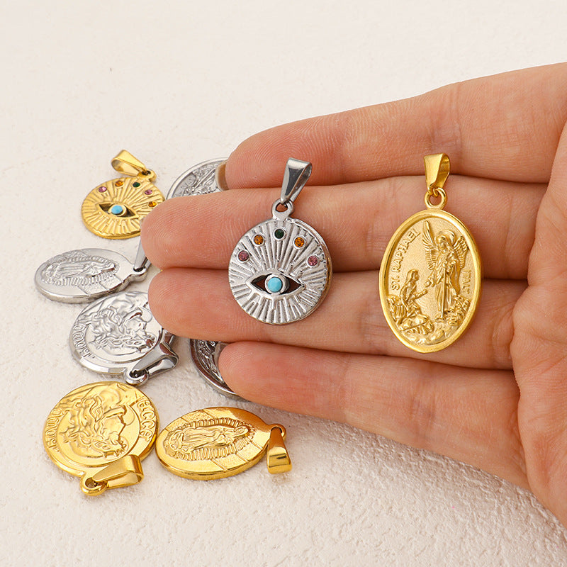 European and American cross-border blue diamond-encrusted eyes Virgin portrait pendant stainless steel retro tag DIY jewelry simple