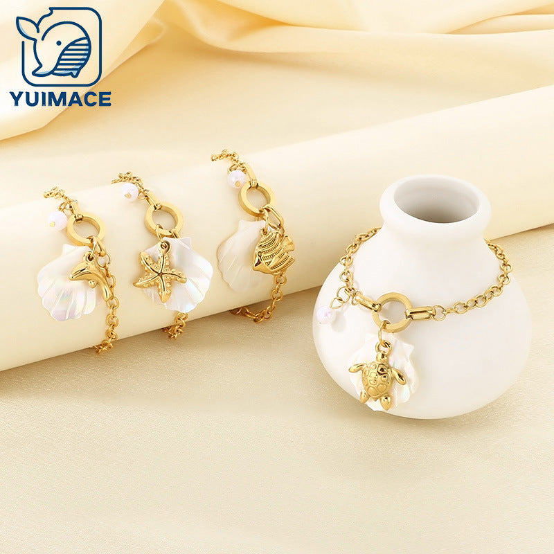 Beach Wind Ocean Series Starfish Dolphin Sea Fish Sea Turtle Element Shell Pendant Seaside Holiday Stainless Steel Bracelet