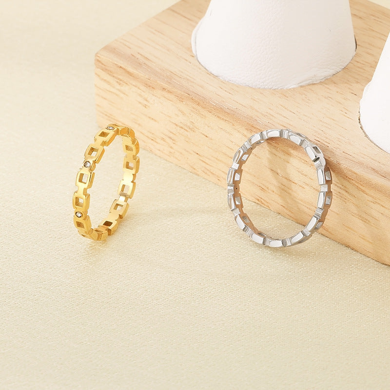 Stylish and simple high-end cut hollow square diamond chain stainless steel ring titanium steel ring ring jewelry
