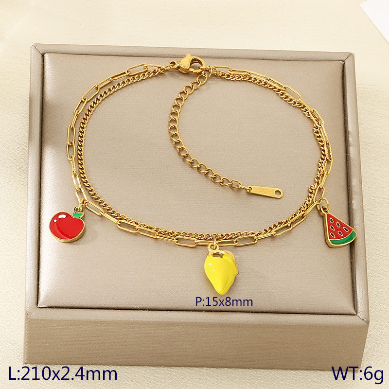 New fresh and sweet fruit series cherry strawberry apple dragon fruit pendant stainless steel double layer stacked anklet