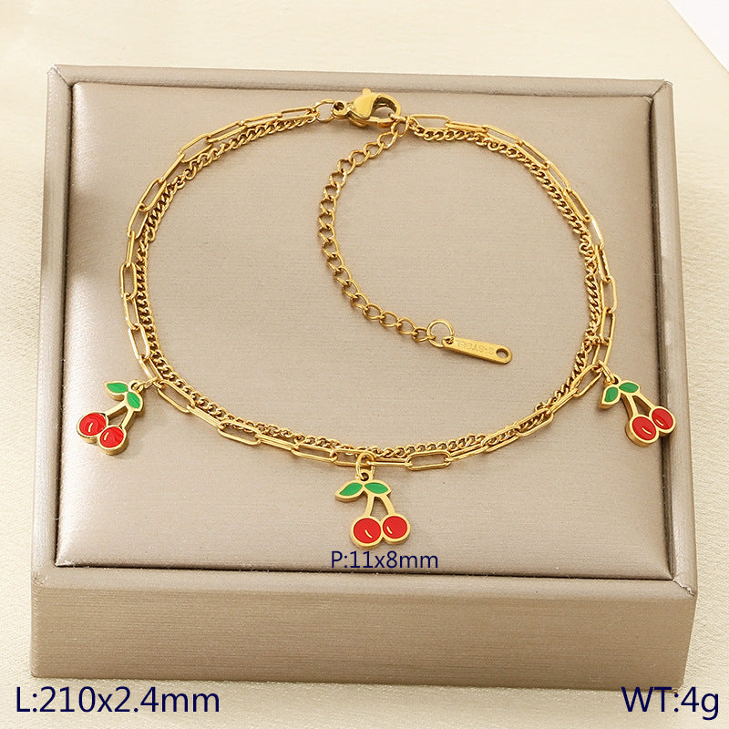 New fresh and sweet fruit series cherry strawberry apple dragon fruit pendant stainless steel double layer stacked anklet