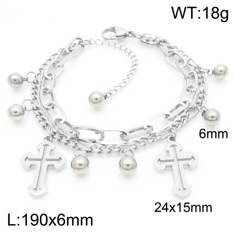 Simple and versatile ins wind double-layer stacked chain cross pendant stainless steel bracelet titanium steel jewelry