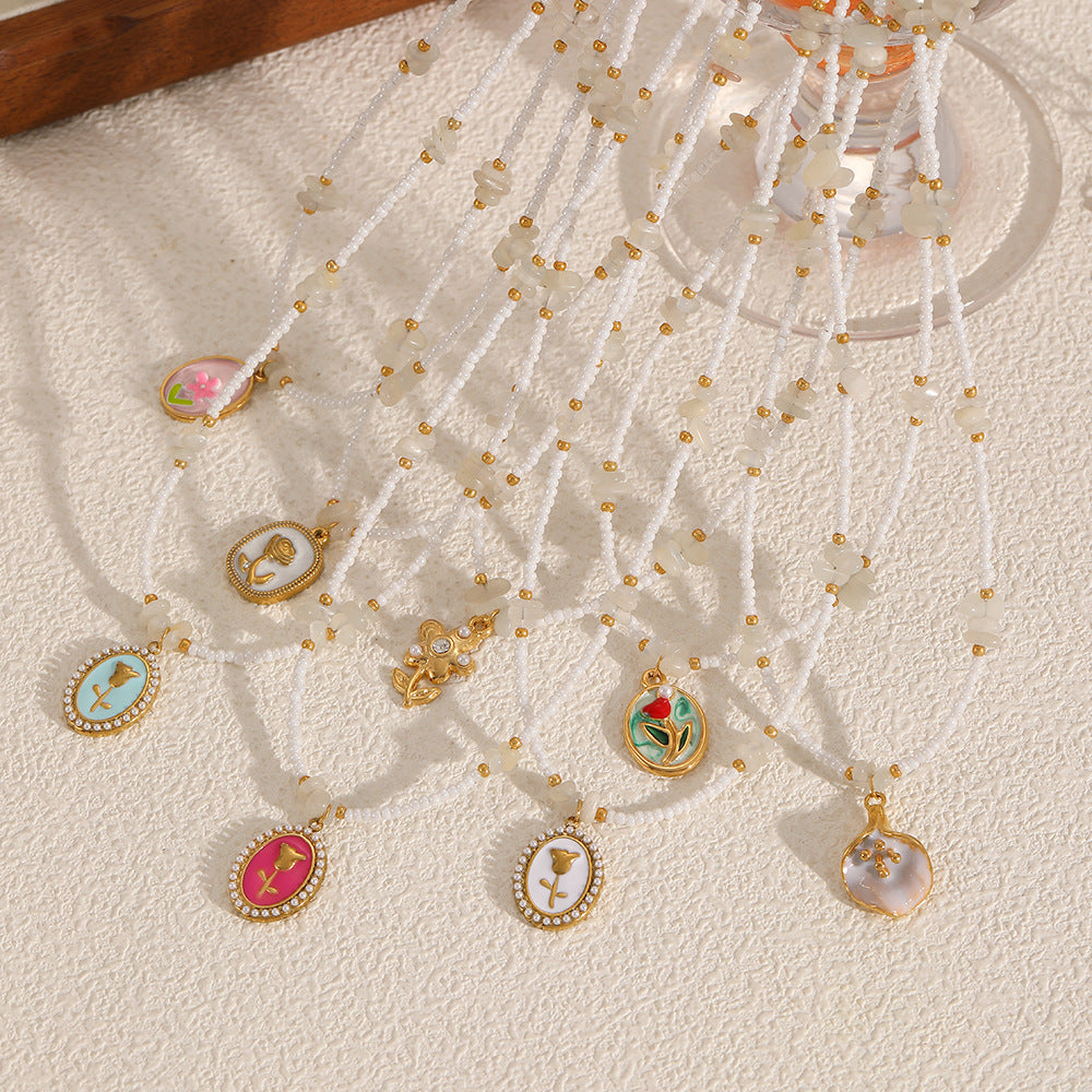 Gold Rose Charm Natural Stone Bead Pendant Necklace