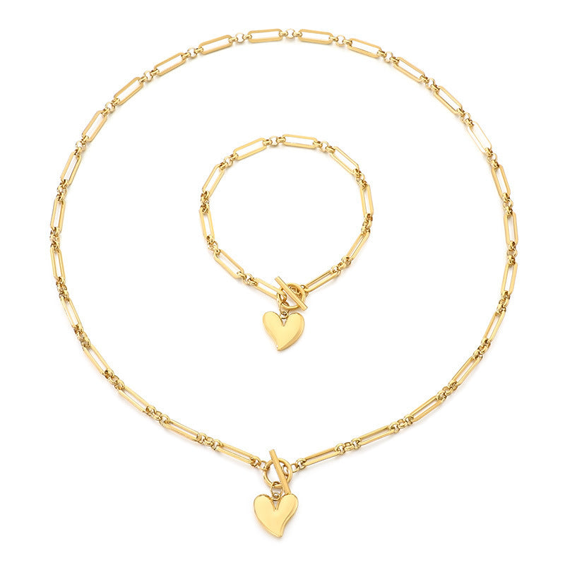 European and American fashion three-dimensional heart-shaped OT buckle paperclip chain titanium steel bracelet personalized love pendant necklace women's jewelry