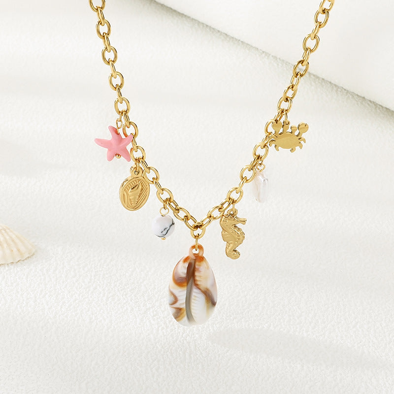Cross-border fashion seaside beach wind stainless steel seahorse crab conch pendant chain collarbone chain necklace accessories