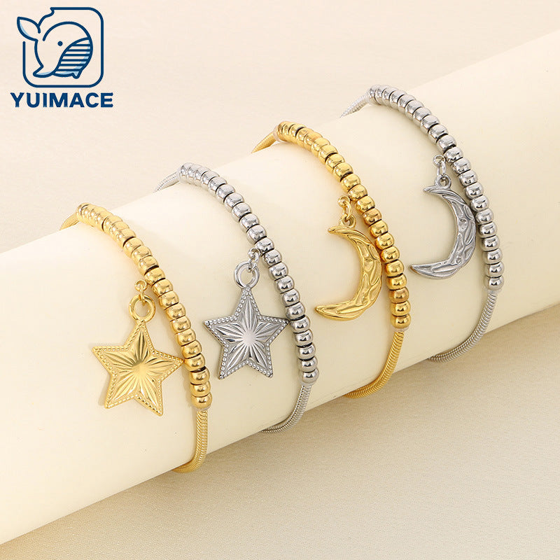 ins Fashion Versatile Pentagram Moon Stainless Steel Pendant Beaded Pulling Rope Adjustable Bracelet Titanium Steel Jewelry