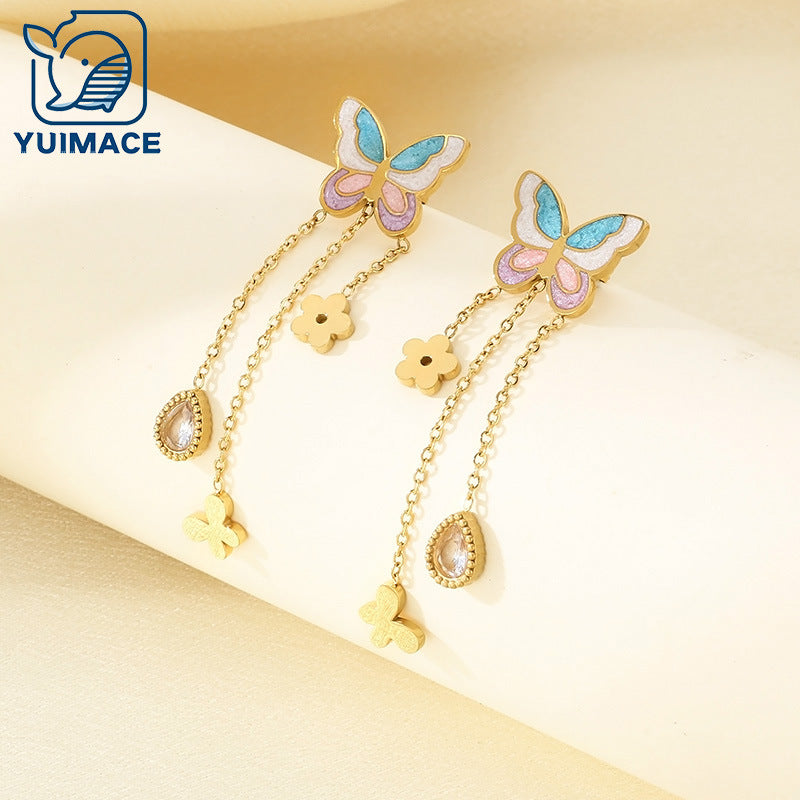 Korean fashion cartoon stainless steel gradient oil drip butterfly tassel chain water drop flower butterfly earrings earrings