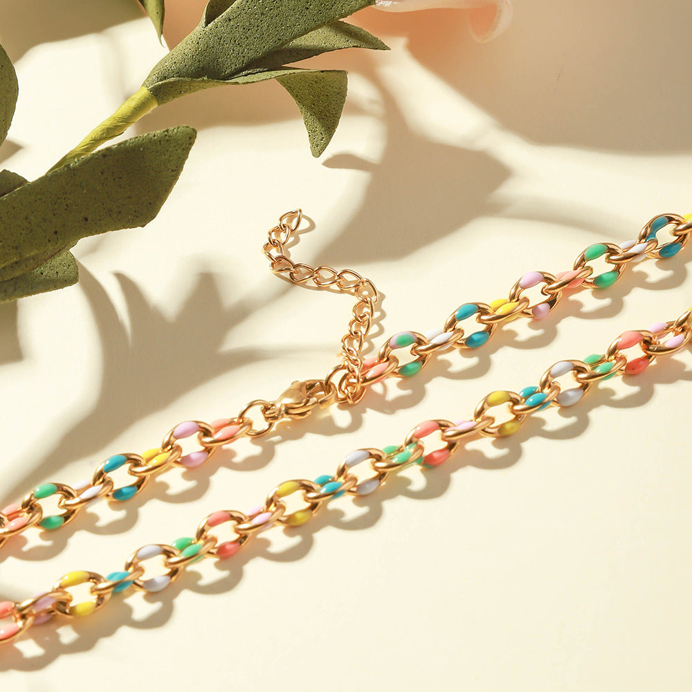 Cross-border special supply of personalized color drip stainless steel necklace, stainless steel cross bracelet, Epoxy pastoral anklet