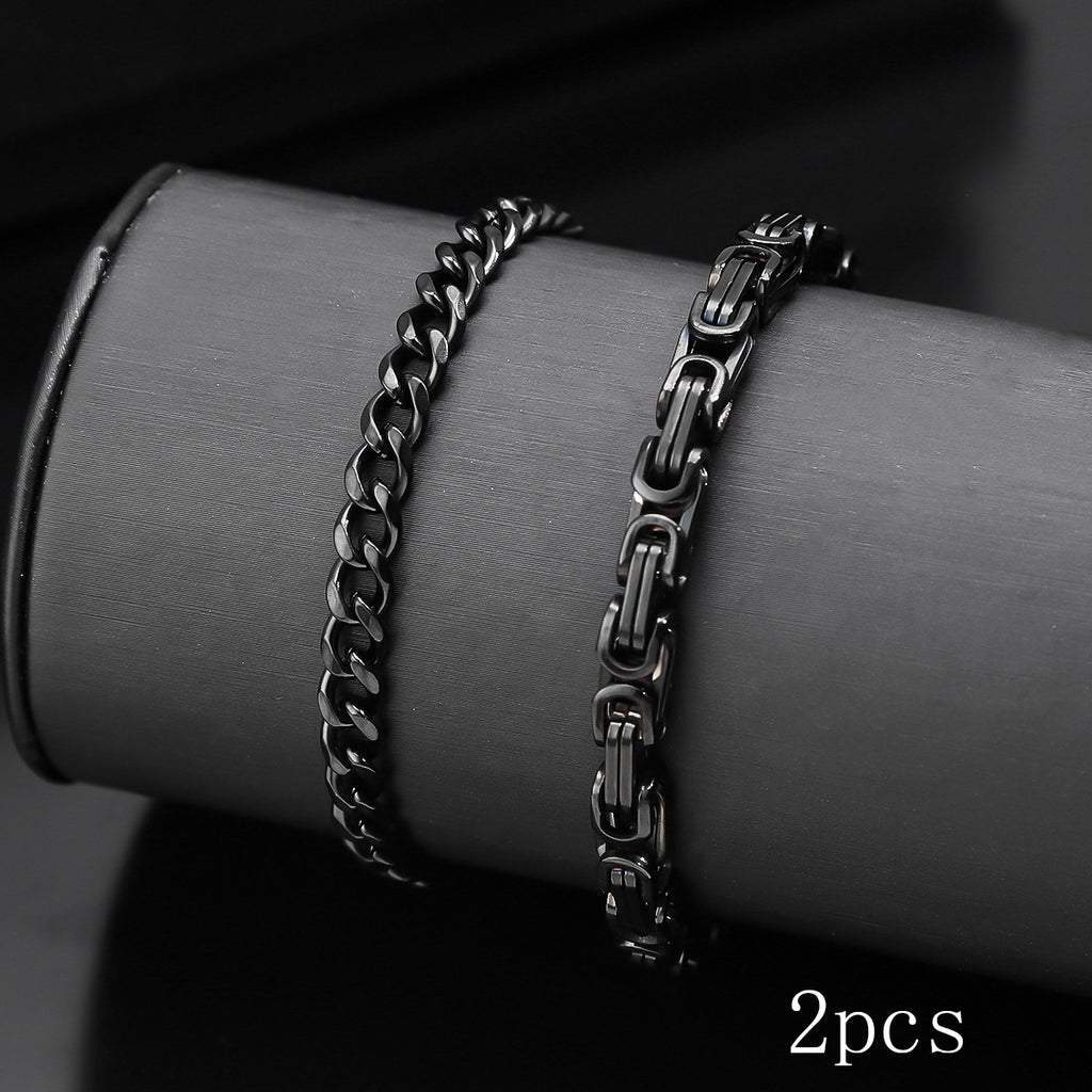 Cross-border hot-selling men's black bracelet set, hip-hop trend Cuban chain non-fading washable titanium steel bracelet