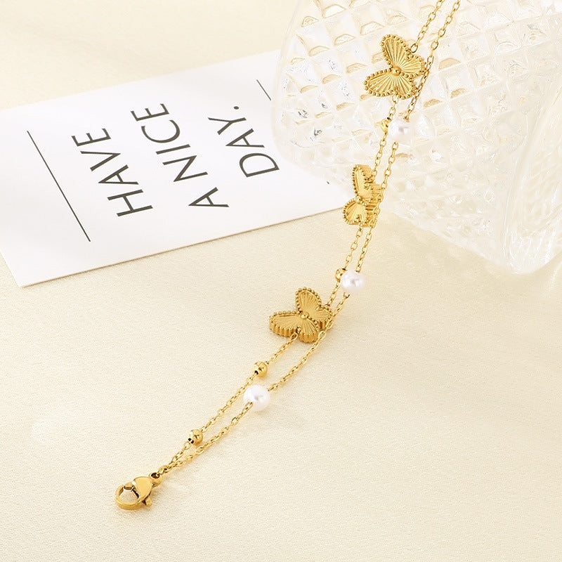 Cross-border fashion double-layer wearing stainless steel butterfly chain pearl bracelet jewelry for girlfriends' birthday gifts