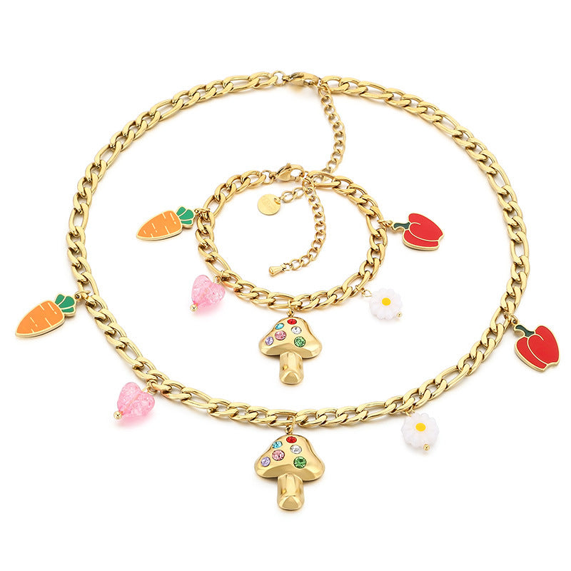 Cross-border stainless steel necklace INS wind handmade DIY niche 18k gold neck chain personalized mushroom carrot bracelet women