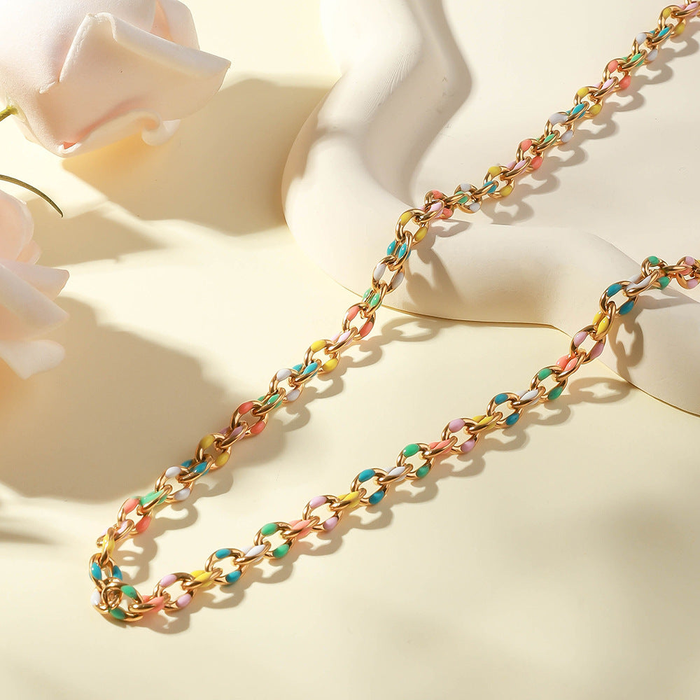 Cross-border special supply of personalized color drip stainless steel necklace, stainless steel cross bracelet, Epoxy pastoral anklet