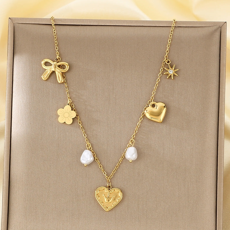 Cross-border European and American stainless steel love necklace high-end pendant niche design bow collarbone chain titanium steel jewelry