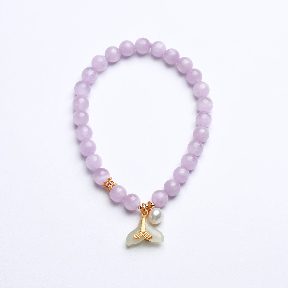 天然6MM紫锂辉手链S925银淡水珍和田玉珠美人鱼尾手串