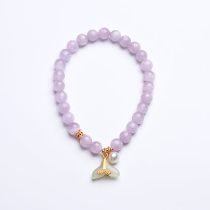 天然6MM紫锂辉手链S925银淡水珍和田玉珠美人鱼尾手串