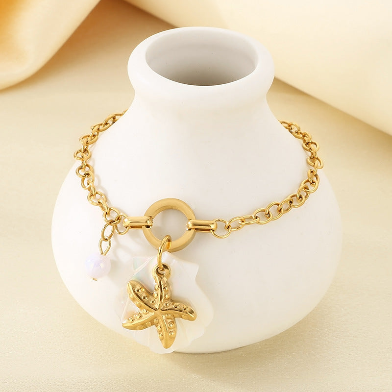 Beach Wind Ocean Series Starfish Dolphin Sea Fish Sea Turtle Element Shell Pendant Seaside Holiday Stainless Steel Bracelet
