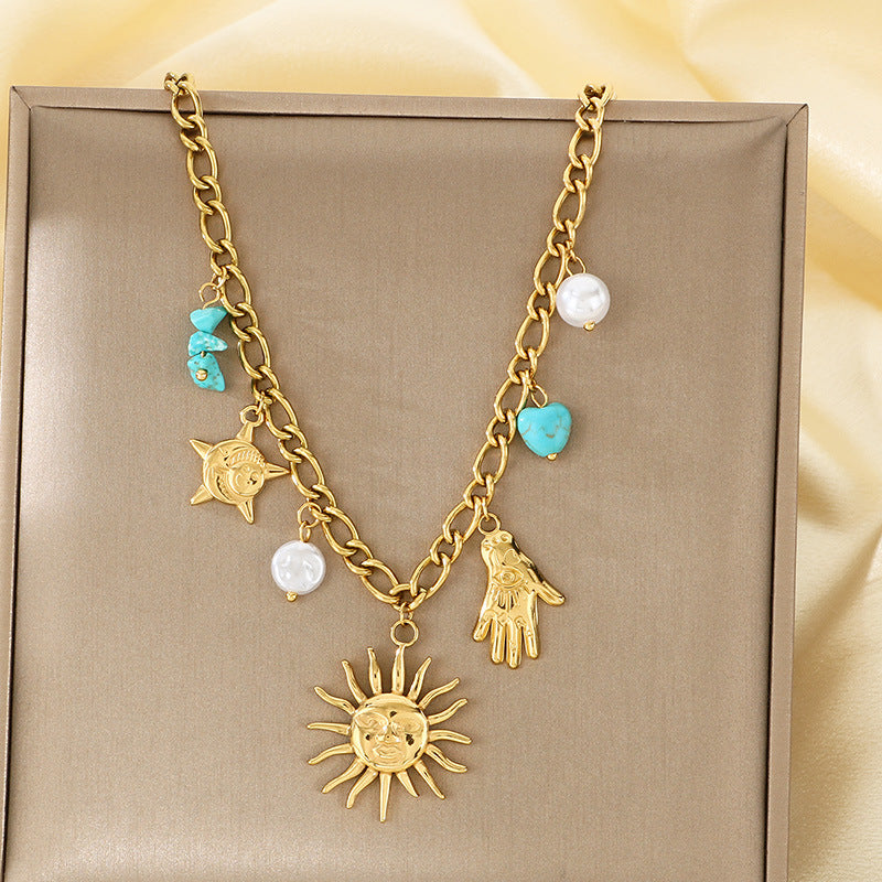 Cross-border European and American stainless steel necklace face sun star moon pendant thick chain retro 18K gold necklace women